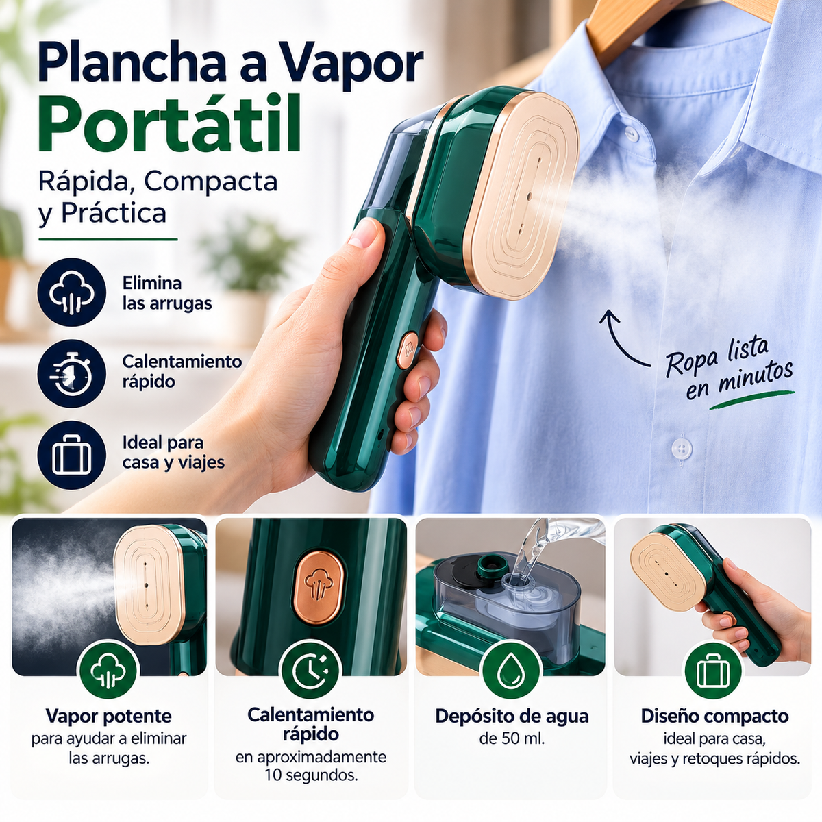 Plancha a Vapor Portátil – Rápida, Compacta y Práctica
